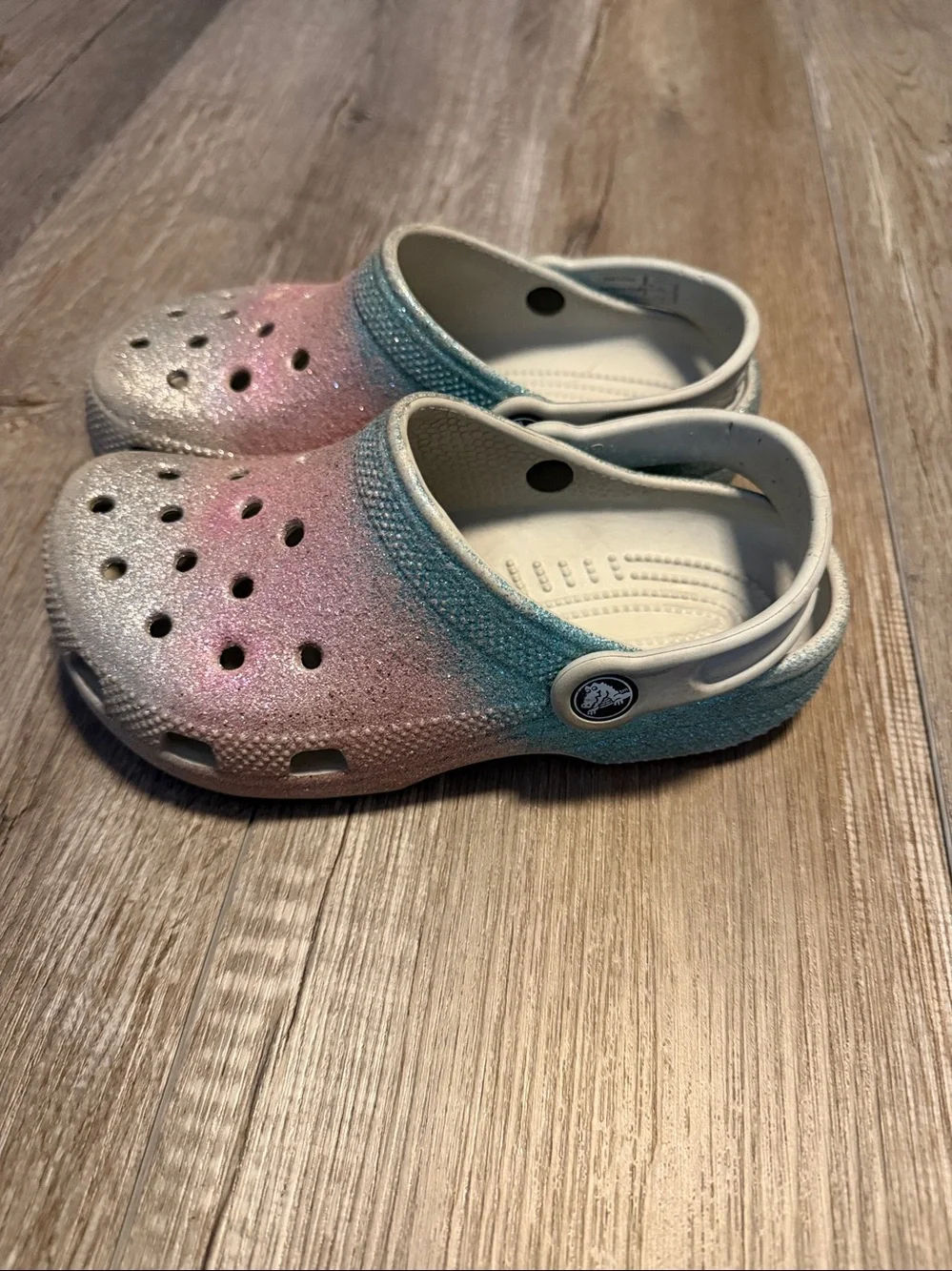Crocs Kids Glitter Clog Sandals in Pink, Blue & Silver